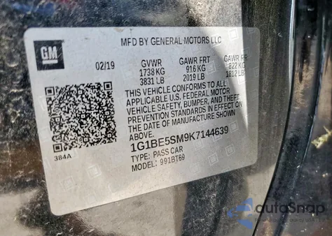 2019 Chevrolet Cruze Lt z USA, uszkodzony, nr VIN 1G1BE5SM9K7144639